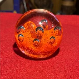 Vibrant Orange Art Glass Sphere with Bubble Design